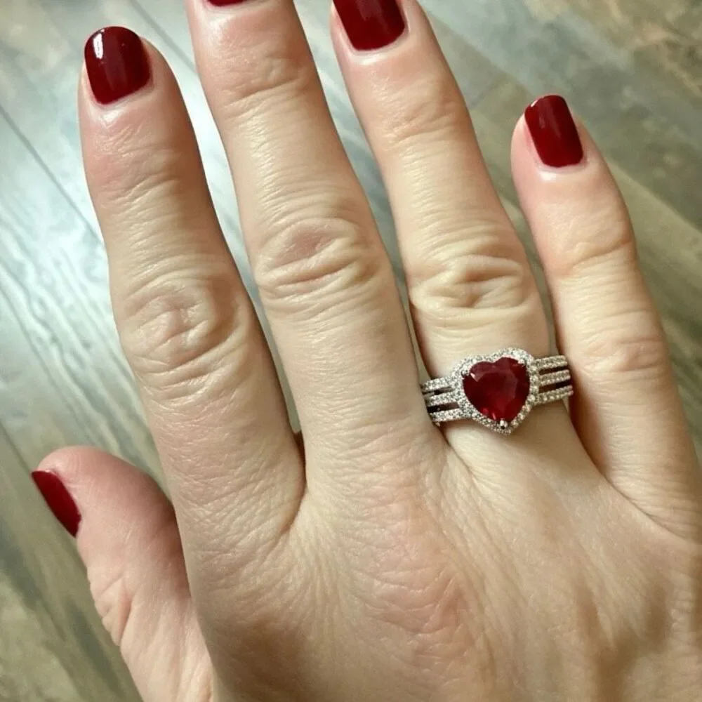 925 Sterling Silver Red Ruby Heart Ring CZ Halo Triple Band Wedding Promise Ring